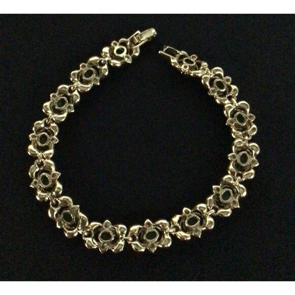 14 Stone Green Jade Filagree with 28 White Crystal Set Stone 7.5" Bracelet .36"W - Picture 3 of 4